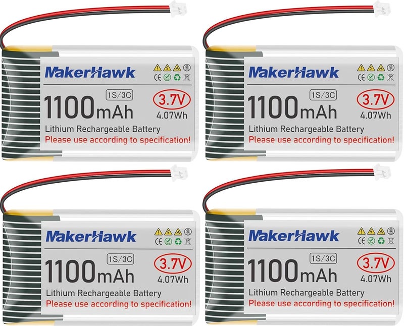 MakerHawk 3.7V 1100mAh LiPo Battery 102540 Rechargeable 1S Lithium Polymer Battery with Protection Board Insulated Rubber Tape, Micro JST 1.25 Plug for Arduino ESP32 Development Board (4 Pack) - Image 1